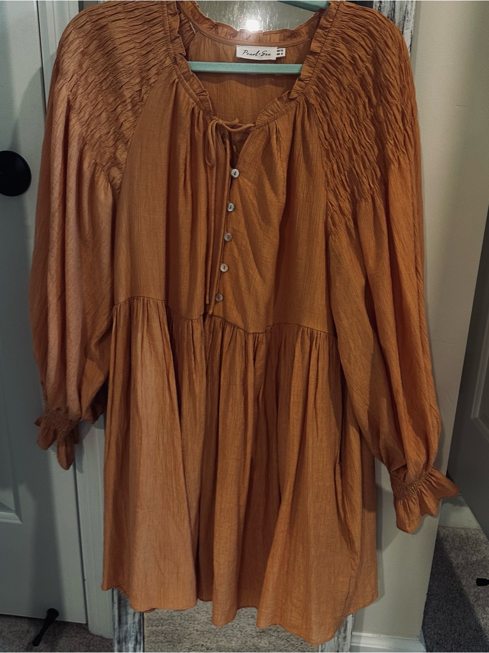 Petal & Pup Copper Smocked Yoke Tie-Neck Peasant Dress